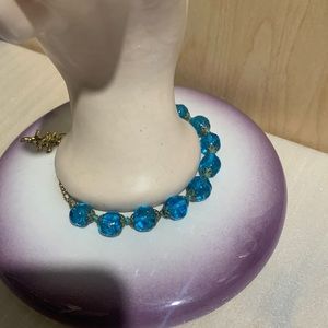 Blue Glass Bead Bracelet Gold Tone